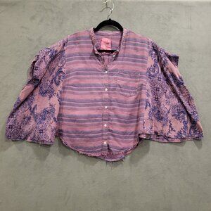 Painted Oyster Stripe Floral Upcycled Tunic Women S/M Beachy Button Front Cotton